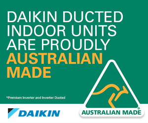Australian made logo on banner saying Daikin ducted indoor units are proudly Australian made.